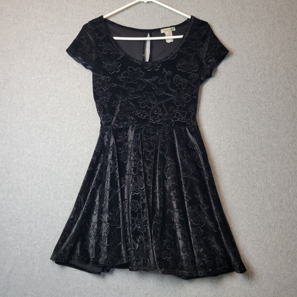 Banana Lemon Elegant Black Textured Floral Velvet SS Mini Dress Women's Medium